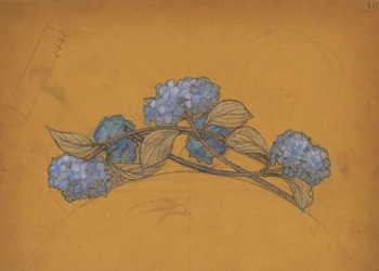 René Lalique (1860-1945) Drawing of a “Hortensias” tiara. Pencil, ink and gouache on vegetal paper B F K – Rives, circa 1900, Van Cleef & Arpels Jewelry Culture Fund.
