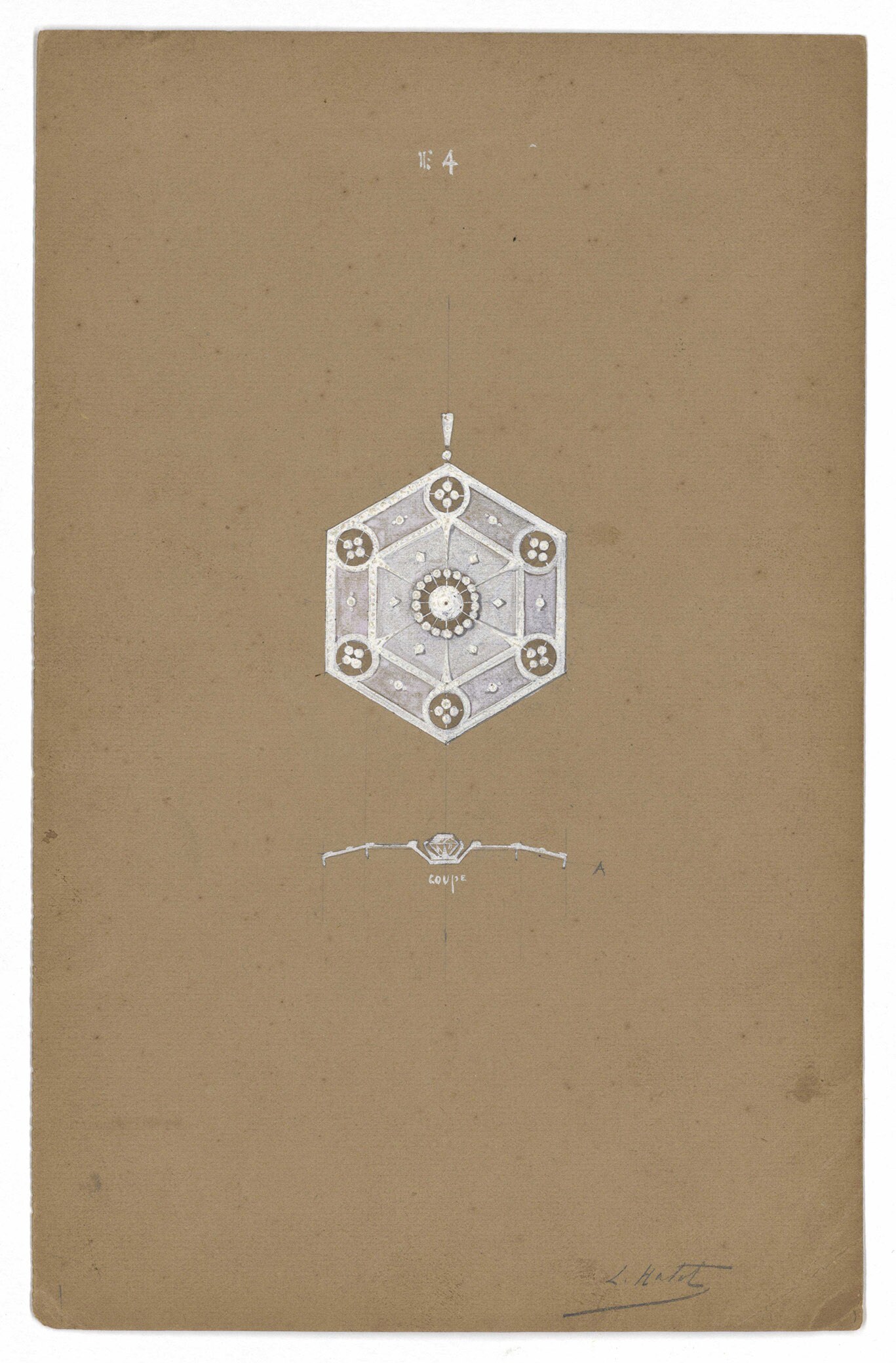 Léon Hatot (1883-1953) Dessin de pendentif avec chaîne, face et profil Léon Hatot (1883-1953) Dessin de pendentif avec chaîne, face et profil