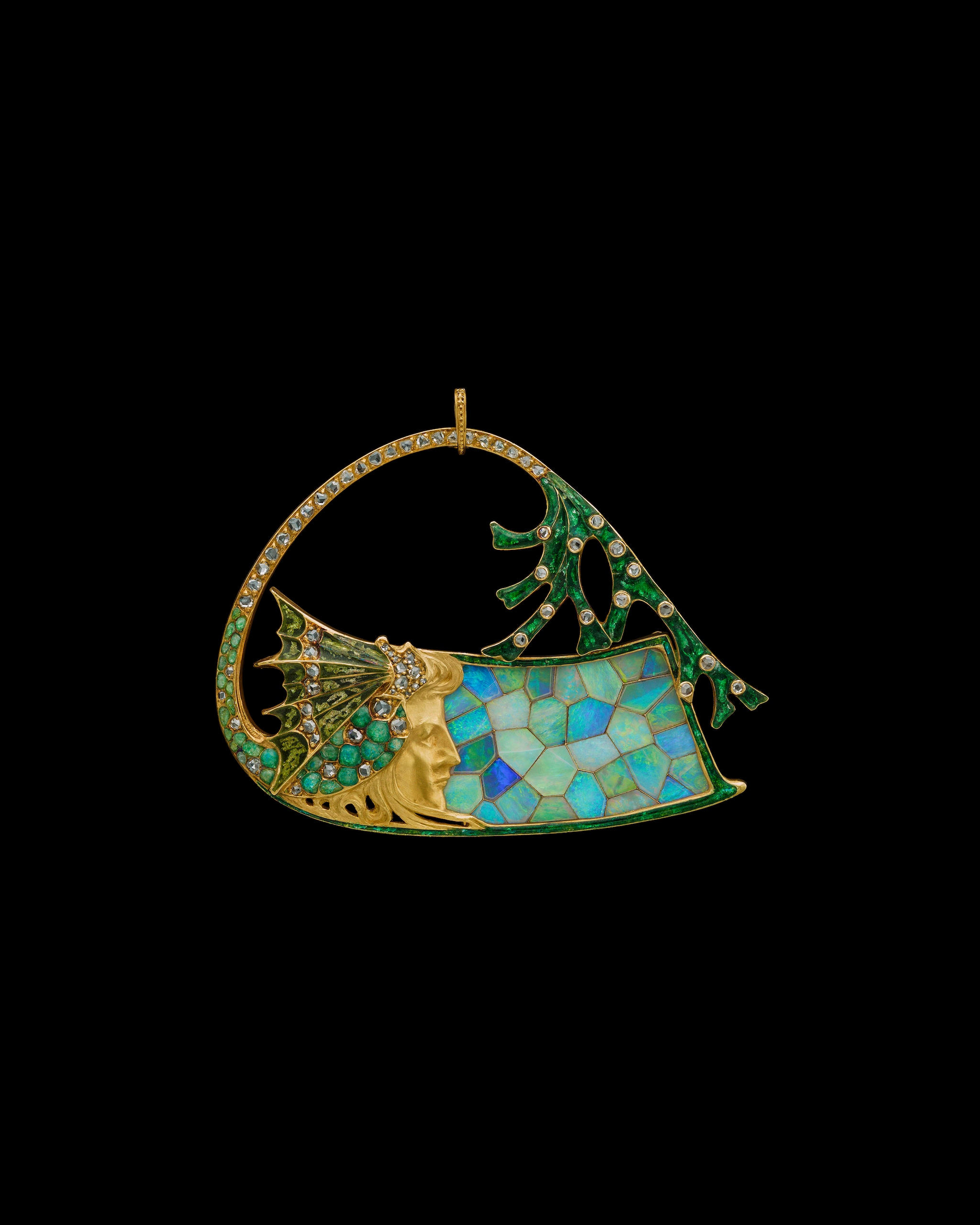 Sea Nymph and Opal Mosaic Pendant, Georges Fouquet, c. 1900-1905, gold, opal, enamel, diamonds, marked G. FOUQUET and maker's mark GF