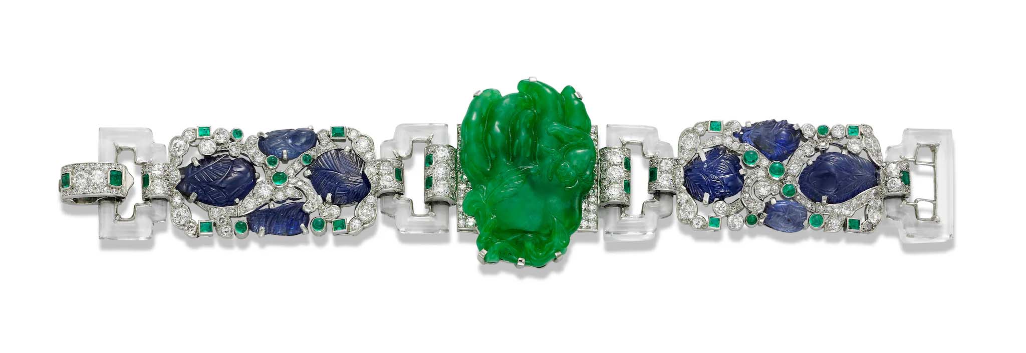 Bracelet, Cartier, 1927, Platinum, diamonds, rock crystal, jadeite, sapphires, emeralds - Photo © Tony Falcone
