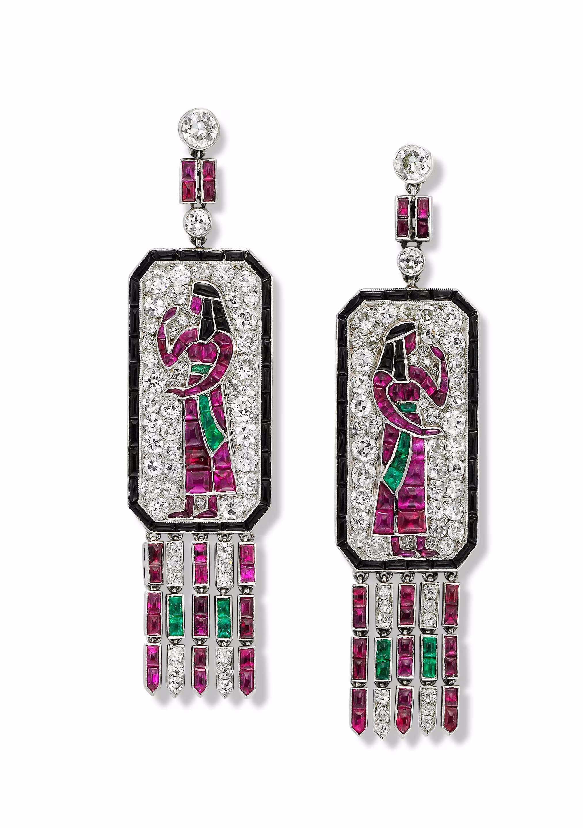 Earrings, Lacloche Frères, Circa 1925, Platinum, diamonds, rubies, emeralds, onyx - Photo © Tony Falcon