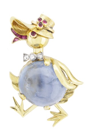 Van Cleef & Arpels, clip cane au chapeau, platine, or jaune, rubis, saphirs, diamants, 1946 .png