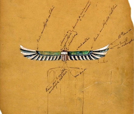 Drawing for an Egyptian pectoral "Beetle with open wings" - Circa 1898? - Indian ink, watercolor. Lalique Museum Collection.