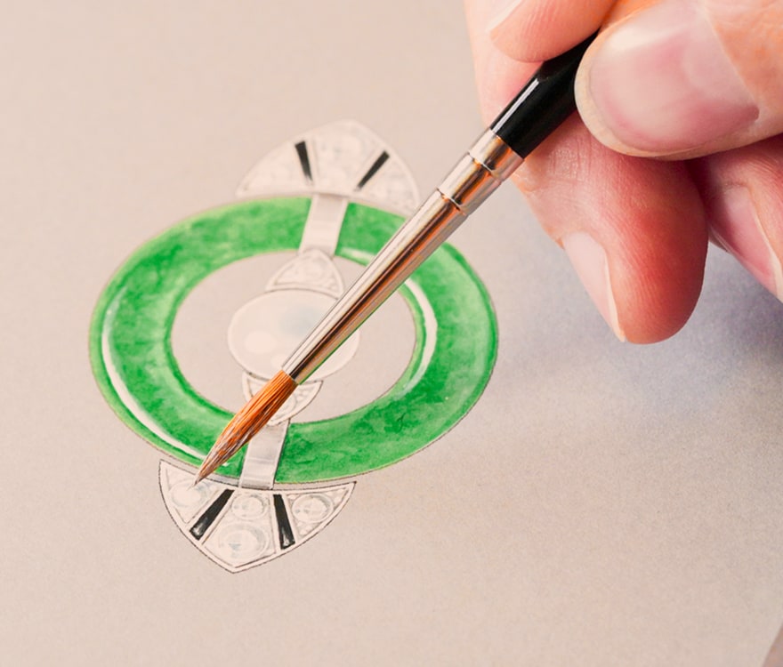 Gouaché: motif avec une bague en jade et une perle blanche