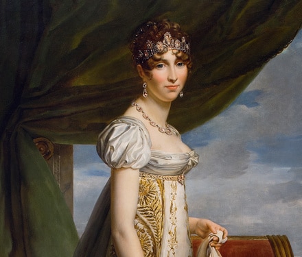 Gerard painting, detail. Focus on Hortense de Beauharnais's face. She wears jewels like a tiara.