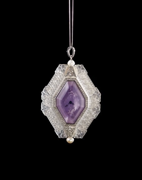 Pendant watch, 1908, Platinum and gold, sculpted rock crystal, pearl, diamond, miniature painted on alabaster, dial covered with facetted amethyst Vacheron Constantin Heritage Collection