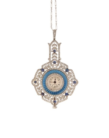 Pendant watch, ca. 1910, Platinum and gold, enamel, sapphire, and diamond, LA Collection Privée 
