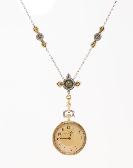 Pendant watch, ca. 1910, White and yellow gold, enamel, and diamond, LA Collection Privée