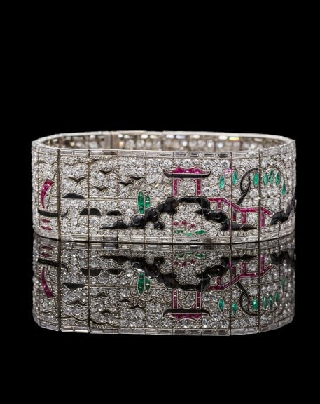 Bracelet, ca. 1925, Platinum and white gold, ruby, emerald, obsidian, and diamond, Private Collection