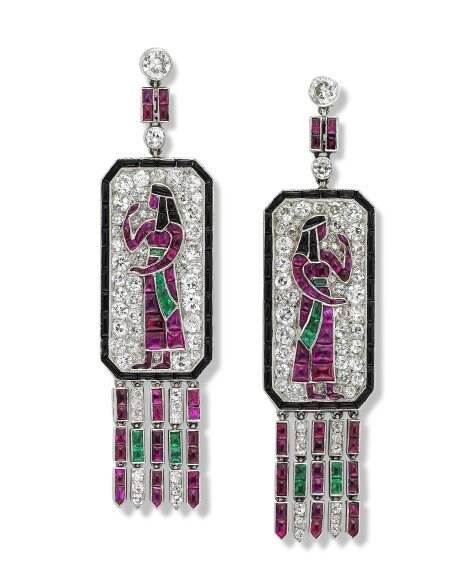 Earrings, Lacloche Frères, Circa 1925, Platinum, diamonds, rubies, emeralds, onyx - Photo © Tony Falcone
