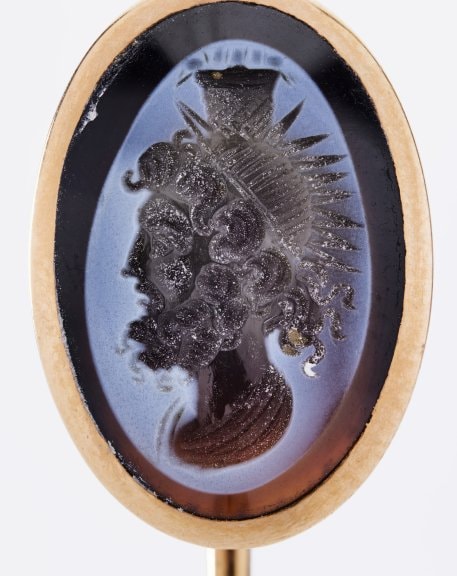 Roman Empire, 2nd century AD Zeus Helios Megas Serapis Nicolo intaglio on modern gold pin Guy Ladrière Collection