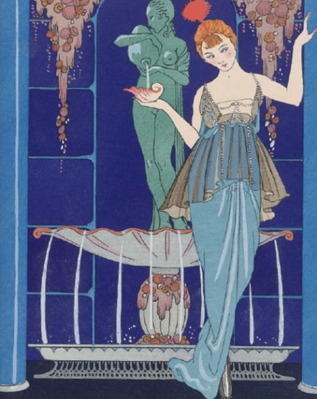 George Barbier, “The Fountain of Shells. Paquin Evening Gown,” Gazette du bon ton, no. 3, plate 27, 1914.