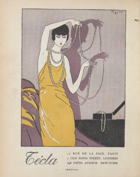 Pigeat, “Técla, 10 rue de la Paix, Paris, 7 Old Bond Street, London, 398 Fifth Avenue, New-York”, Gazette du bon ton, no. 2, Paris, Librairie centrale des Beaux-Arts,  p. LXXXVIII