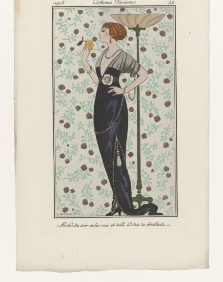 George Barbier (1882–1932), “Black satin and tulle evening dress embroidered with brilliant-cut diamonds”, Journal des Dames et des Modes, no. 46, January 1,  1913, Amsterdam, Rijksmuseum