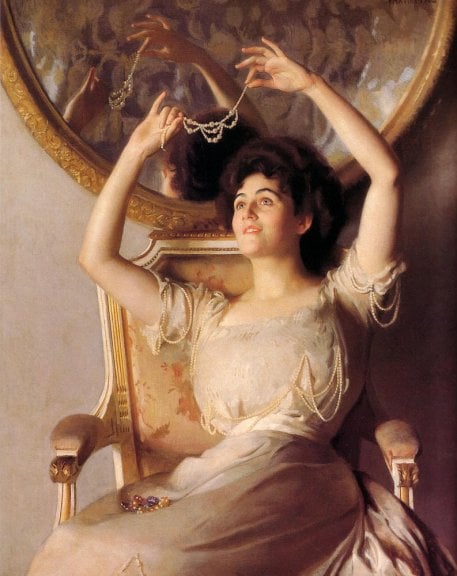 William McGregor Paxton (1869-1941), The String of Pearls. Oil on canvas, 1908. Private collection