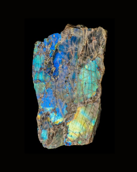 Anorthite, var. labradorite Ylämaa (South Karelia, Finland). Variation of blue, turquoise, white, yellow and grey tones.