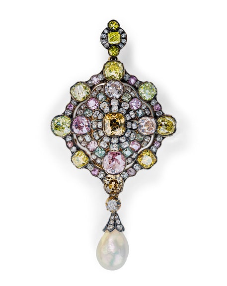 Fancy coloured Diamonds and Pearl Brooch / Pendant, c. 1890England Gold, silver, pearl, coloured diamonds	