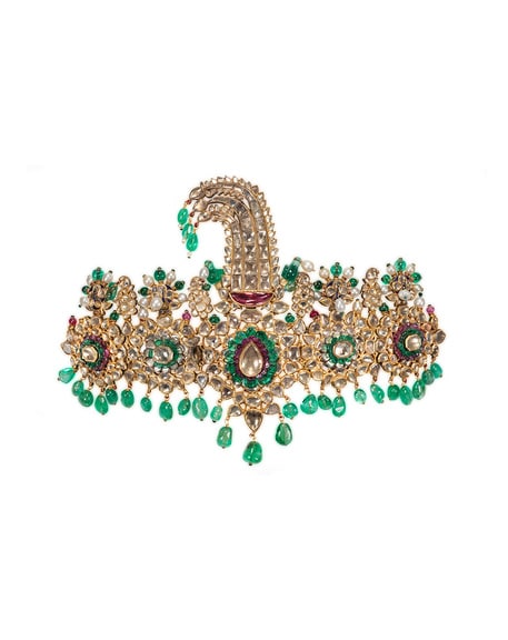  The “Patiala Sarpech” (Turban Ornament), Mughal period, c. 1880Northern India Gold, silver alloy, emeralds, spinels, pearls, enamel, diamonds