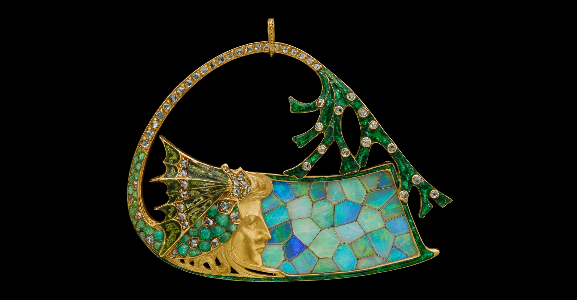 Sea Nymph and Opal Mosaic Pendant, Georges Fouquet, c. 1900-1905, gold, opal, enamel, diamonds, marked G. FOUQUET and maker's mark GF 