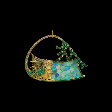 Sea Nymph and Opal Mosaic Pendant, Georges Fouquet, c. 1900-1905, gold, opal, enamel, diamonds, marked G. FOUQUET and maker's mark GF 