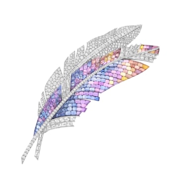 Panache Mystérieux clip, White gold, Vitrail Mystery Set colored sapphires, diamonds, Quatre contes de Grimm collection, 2018, Van Cleef & Arpels.png