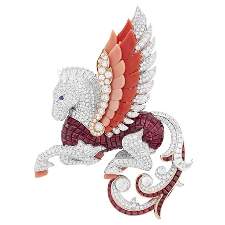 VAN CLEEF & ARPELS, Pegasus Clip, rose gold, white gold, purple sapphires, rubies, coral, diamonds, 2016, Noah's Ark Collection, © Van Cleef & Arpels.png