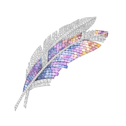 Panache Mystérieux clip, White gold, Vitrail Mystery Set colored sapphires, diamonds, Quatre contes de Grimm collection, 2018, Van Cleef & Arpels.png