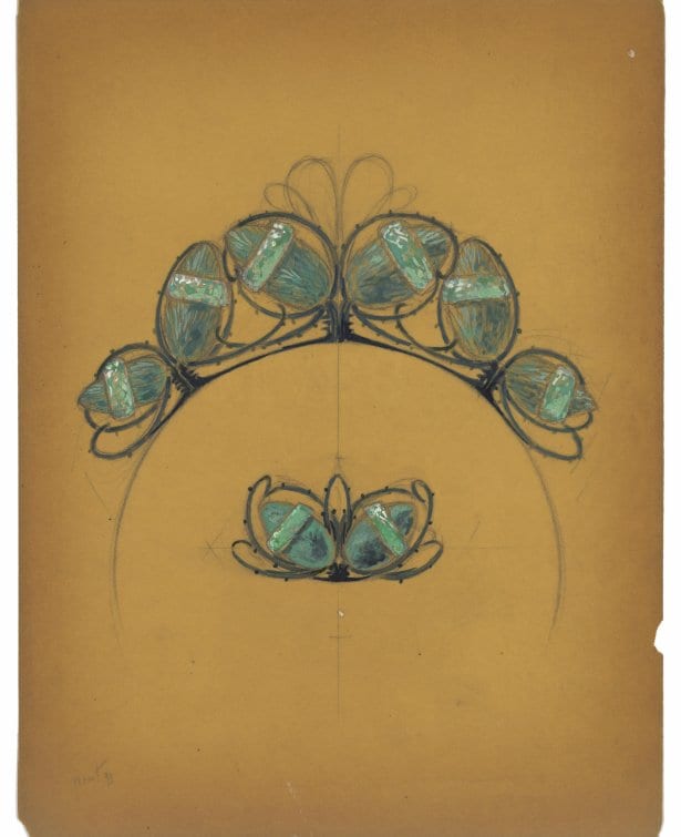 René Lalique, Dessin de diadème Glands, vers 1900, Paris, Fonds Van Cleef & Arpels sur la Culture Joaillière.