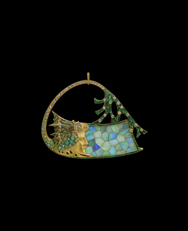 Sea Nymph and Opal Mosaic Pendant, Georges Fouquet, c. 1900-1905, gold, opal, enamel, diamonds, marked G. FOUQUET and maker's mark GF 