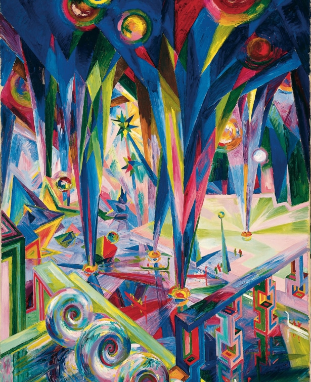 Wenzel Hablik, Cathedral interior – gondola canal – water arts – glowing, gas glass balloons, oil on canvas, 1921, Regensburg, Kunstforum Ostdeutsche Galerie