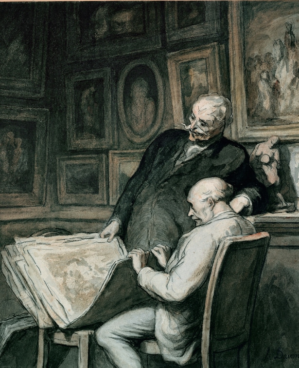Honoré Daumier, The Print Collectors, pen, ink, wash, watercolour over traces of black chalk on paper, 1860–1864, London, Victoria and Albert Museum