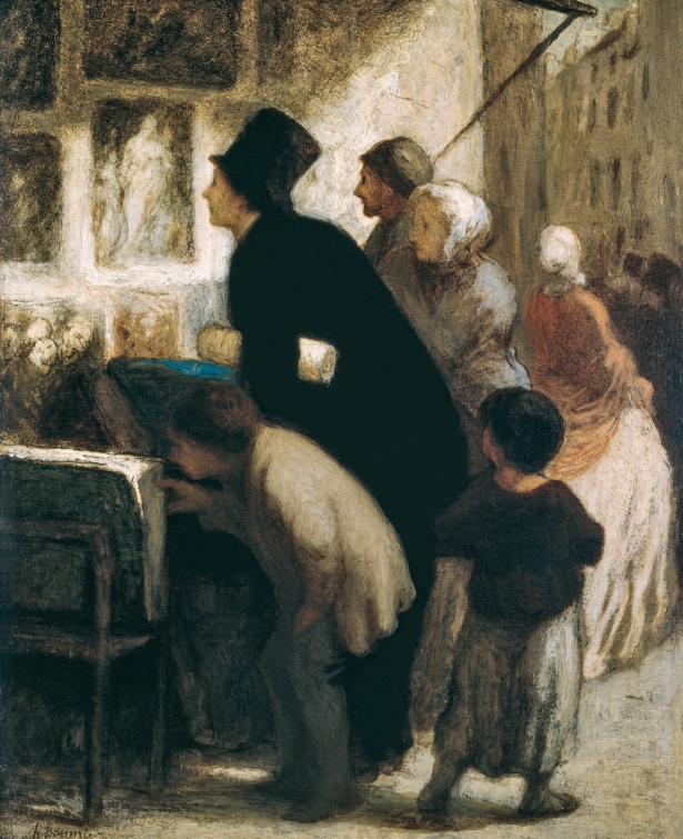 Honoré Daumier, Outside the Print-Seller’s Shop, oil on panel,​  1860–1863, Dallas, Museum of Art