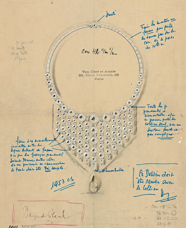 Drawing of a diamond necklace for a special order, 1949