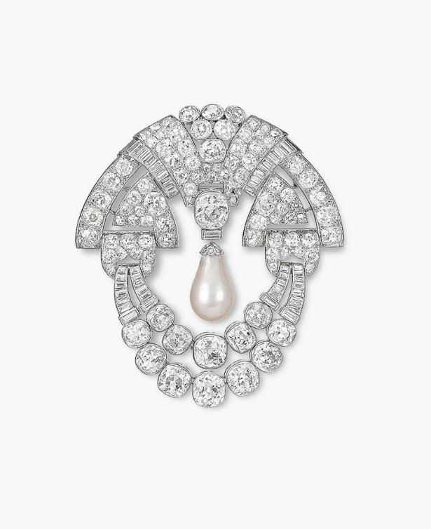 Van Cleef & Arpels, brooch, c. 1930, platinum,​  pearl, diamonds.​