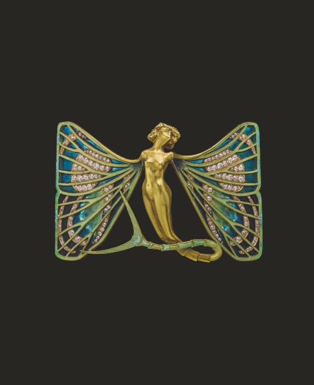 René Lalique, Sylphid, brooch-neckplate, 1900, yellow gold, enamel, plique-à-jour enamel, diamonds, Tokyo, Arikawa Albion Art Collection