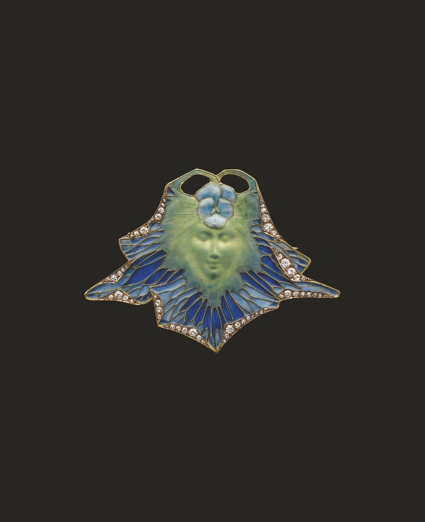 René Lalique, Pansy-Woman, brooch-pendant, 1900, gold, enamel, plique-à-jour enamel, diamonds, Tokyo, Arikawa Albion Art Collection