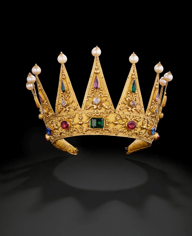 Crown said to be that of Mademoiselle Raucourt as Cleopatra (Rodogune by Pierre Corneille), c. 1807, gilded copper alloy, blown glass pearls, leaded glass, textiles, Paris, Comédie-Française