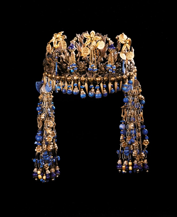 Jean-Pierre Barlier, tiara worn by Martine Chevallier and Véronique Vella in the role of Esther (Esther by Jean Racine), 1987, metal alloy, ceramic beads, lapis lazuli beads, black velvet, netting, and foam, Paris, Comédie-Française