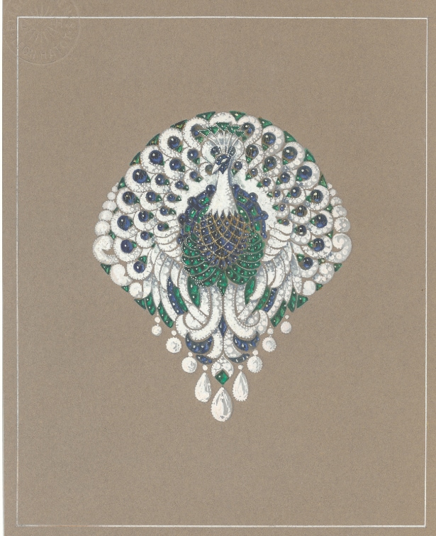 Léon Hatot, drawing of a Paon [“Peacock”] brooch, pencil and gouache on cardboard, c. 1920, Paris, Fonds Van Cleef & Arpels sur la Culture Joaillière