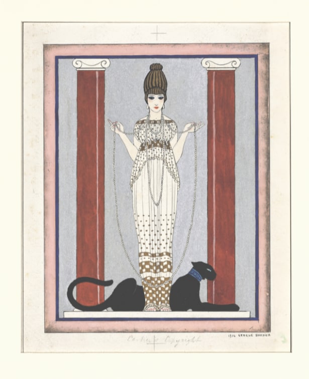 George Barbier, Femme à la panthère [“Woman with Panther”], 1914, pencil, ink, gouache on paper, Paris, Fonds Van Cleef & Arpels sur la Culture Joaillière