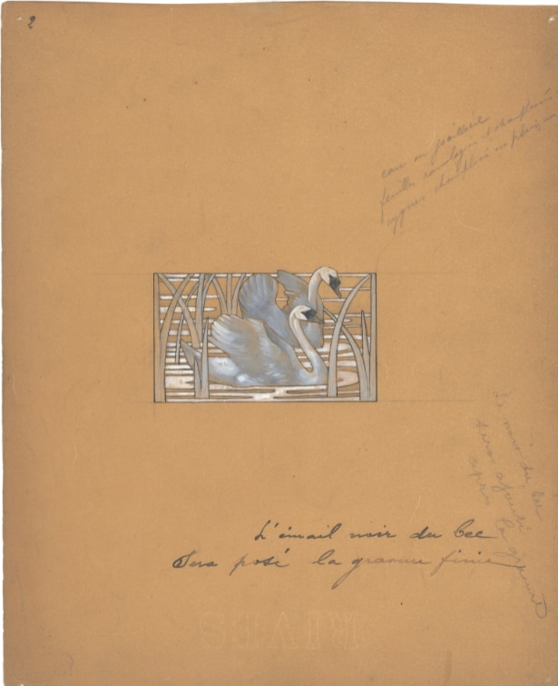 René Lalique, drawing of a Cygnes [“Swan”] neckplate, c. 1900, pencil, ink and gouache on BFK Rives vegetal paper, Paris, Fonds Van Cleef & Arpels sur la Culture Joaillière