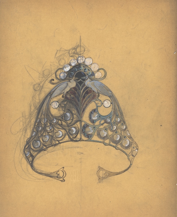 René Lalique, drawing of a Paons [“Peacocks”]​  diadem, c. 1900, pencil, ink and gouache on paper,​  Paris, Fonds Van Cleef & Arpels sur la Culture Joaillière