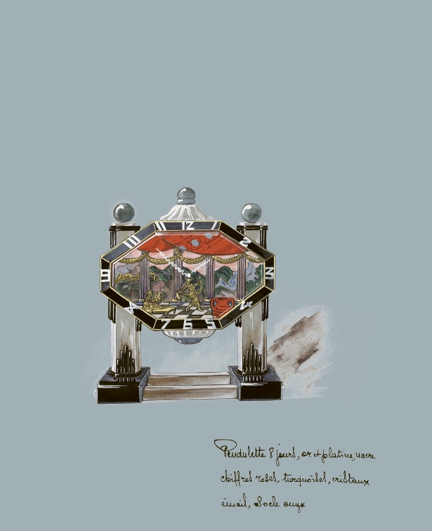 Gouache drawing of desk clock presented at the 1925 Exposition internationale, made by Verger, Archives Van Cleef & Arpels