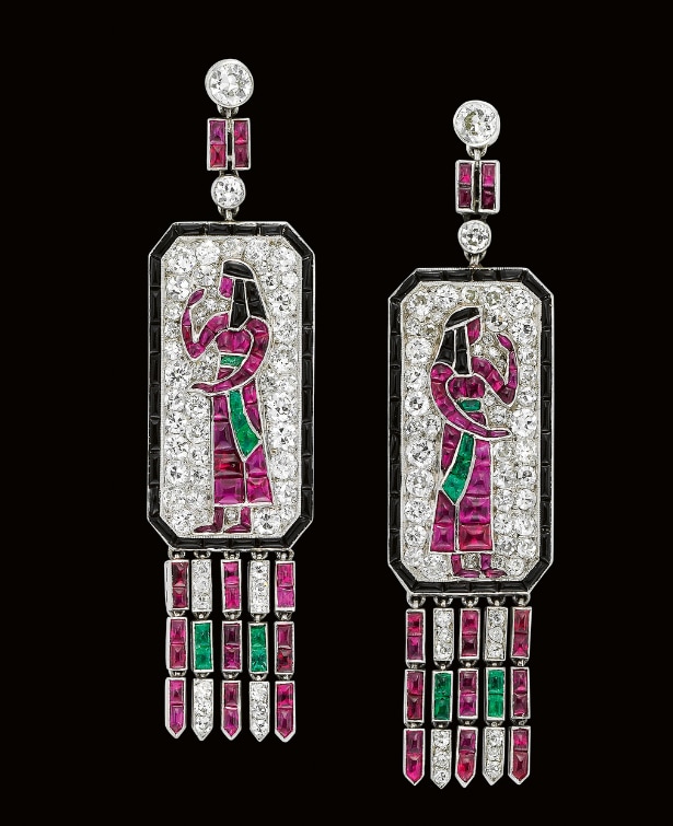 Lacloche frères, ear pendants, c. 1925, diamonds, emeralds, rubies, platinum, private collection