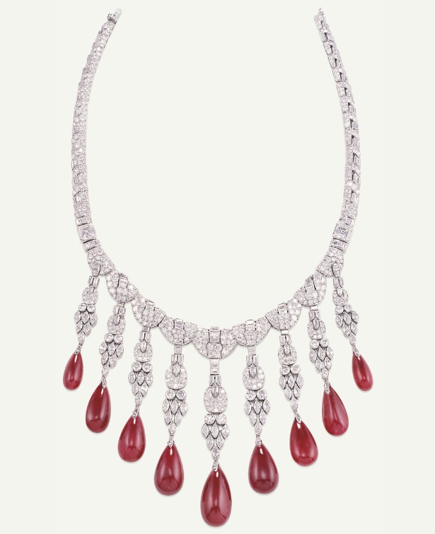 Lacloche frères, necklace, c. 1930, diamonds, rubies, former collection Maharani Devi of Cooch Behar, Courtesy Siegelson, New York