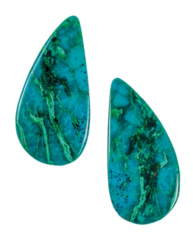Cabochon of dioptase with malachite, Namibia.​