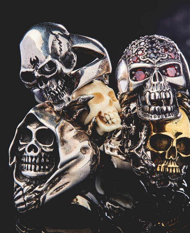 Vanitas rings, c. 1970, silver, bronze, ivory, crystal.​