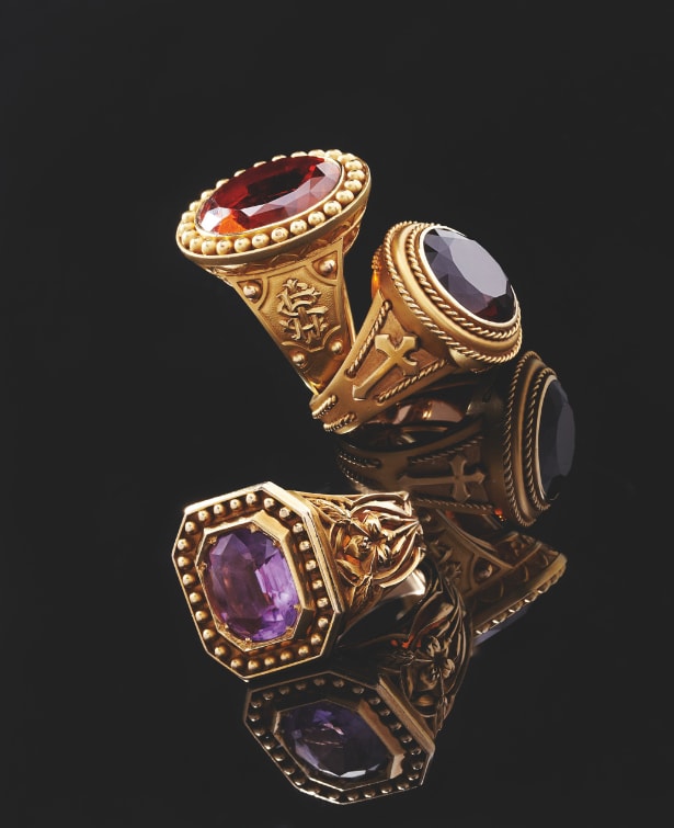 Mellerio dits Meller, 19th century, episcopal rings, yellow gold, line of pearls, citrine, amethyst.​