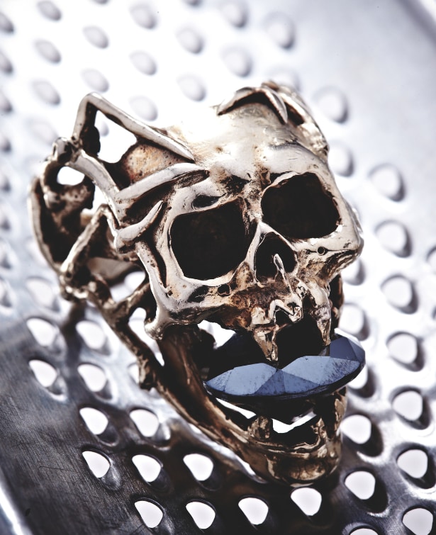 André Lassen, vanitas ring, c. 1970, white gold, hematite round brillant cut.​