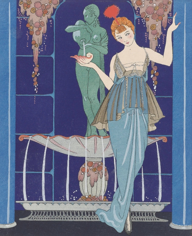George Barbier, “The fountain of shells. Paquin evening gown,” Gazette du bon ton, no. 3, plate 27, 1914.​